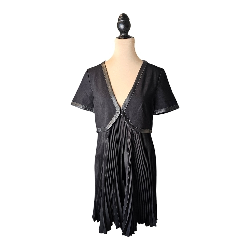 The Kooples Black Lamb Leather Trim Pleated Dress Sz 42 XL
